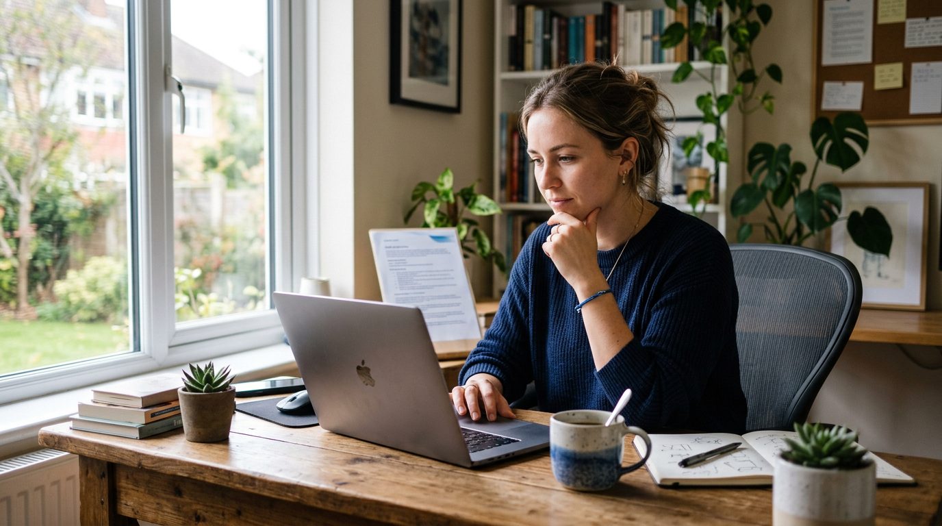 A freelance designer reviewing AI-drafted job applications on a laptop